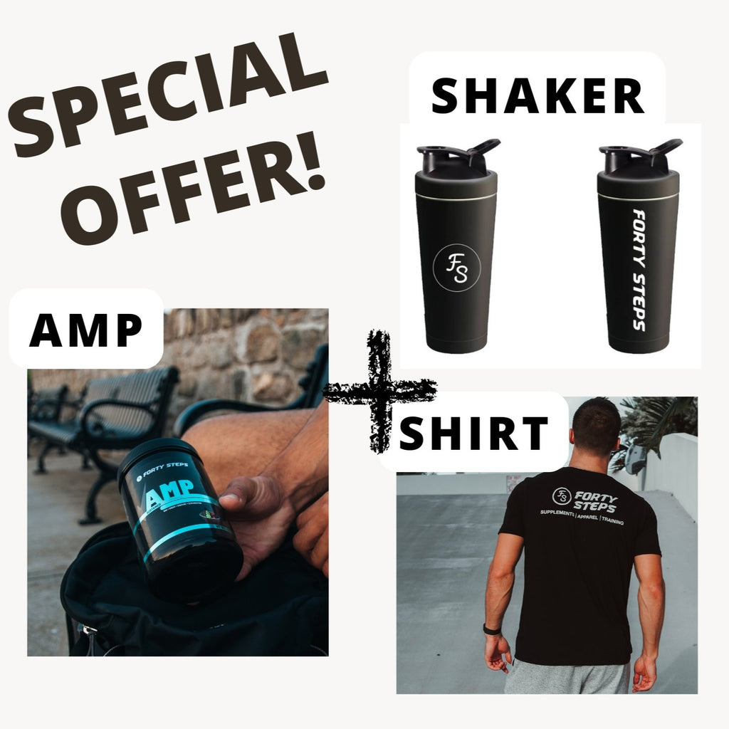 AMP (Preworkout/ Performance) + FREE Shirt & Shaker Bottle - Forty Steps Fitness